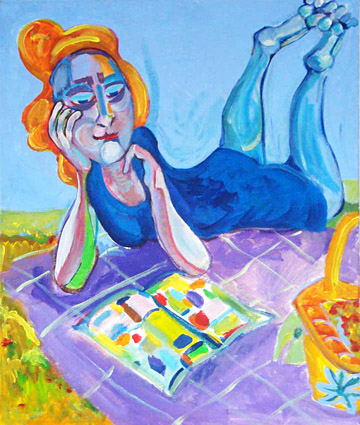 Schilderij Meisje, lezend van Annelies van Biesbergen, een meisje tijdens een mooie dag buiten aan het lezen