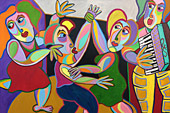 Schilderij Fiesta van Twan de Vos, dansen, zingen op het dorpsfeest, accordeon